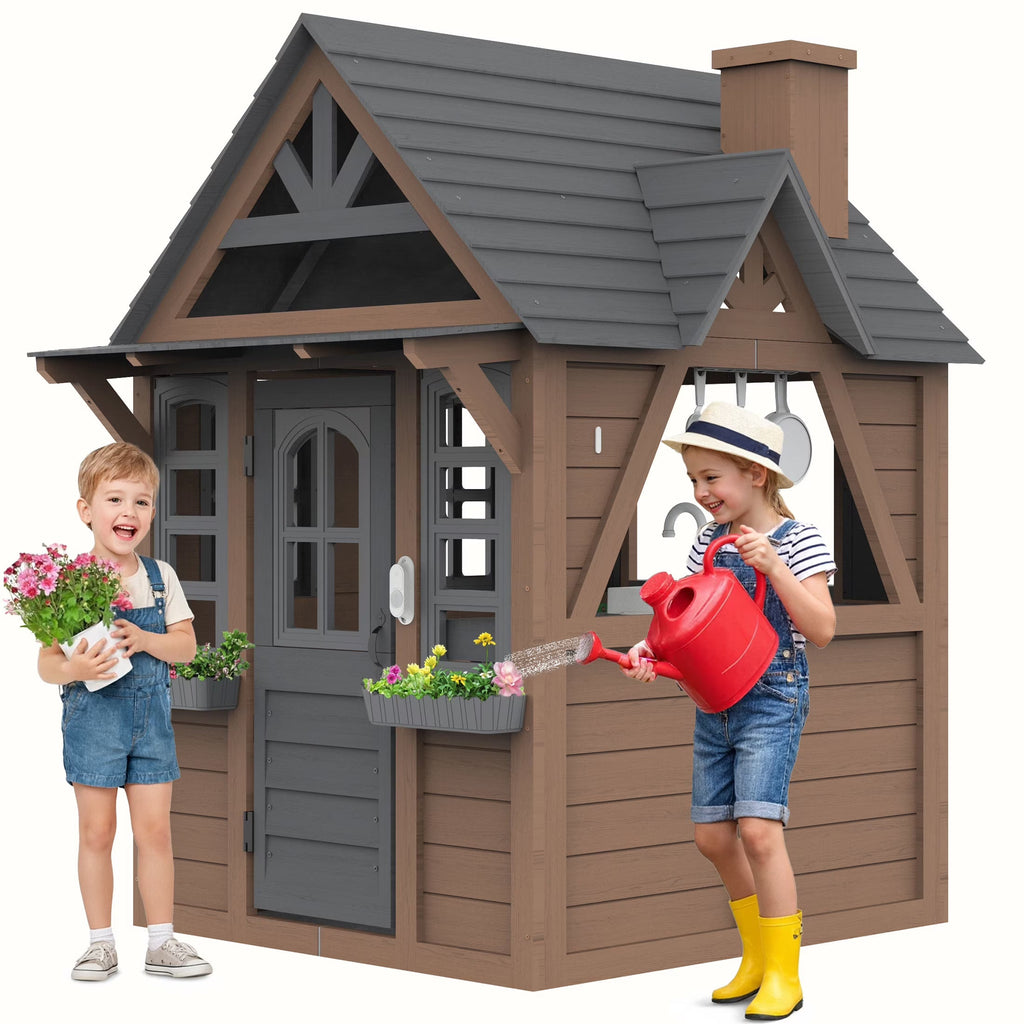 2026 NewCOCLUB Outdoor Playhouse for Kids Ages 4-8, Wooden Play House with Doorbell, Phone, Kitchen Toys, Outdoor Kids Play Equipment, Casa Para Niñas (45”L x 65”H), White & Black