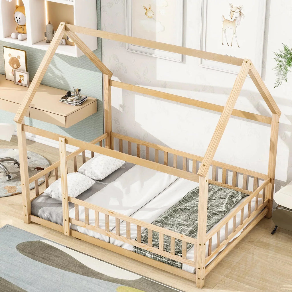 2026 New Full Size House Floor Bed, Wood Montessori Bed Frame with Fence Guardrails, House Beds Frame No Box Spring Needed-Full, Gray)