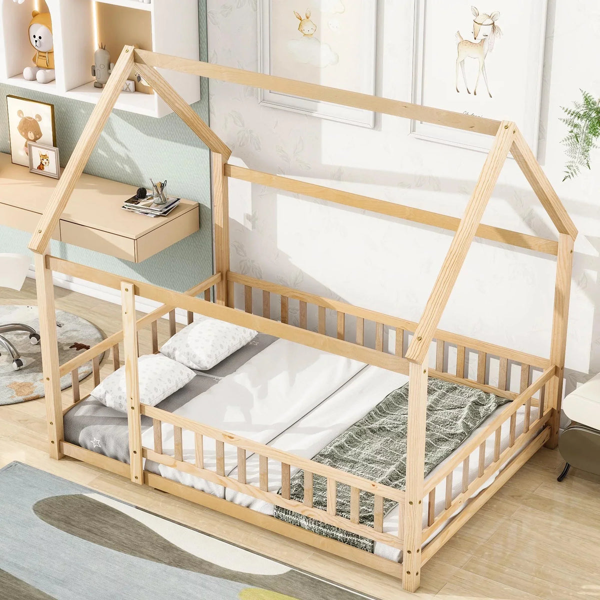 2026 New Full Size House Floor Bed, Wood Montessori Bed Frame with Fence Guardrails, House Beds Frame No Box Spring Needed-Full, Gray)