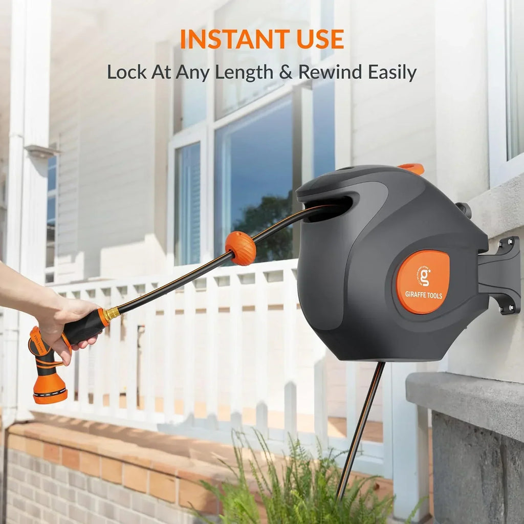 2026 NewGiraffe Tools Retractable Garden Hose Reel with 1/2in-100ft Water Hose, Plastic Bracket, Wall Mounted, Dark Grey