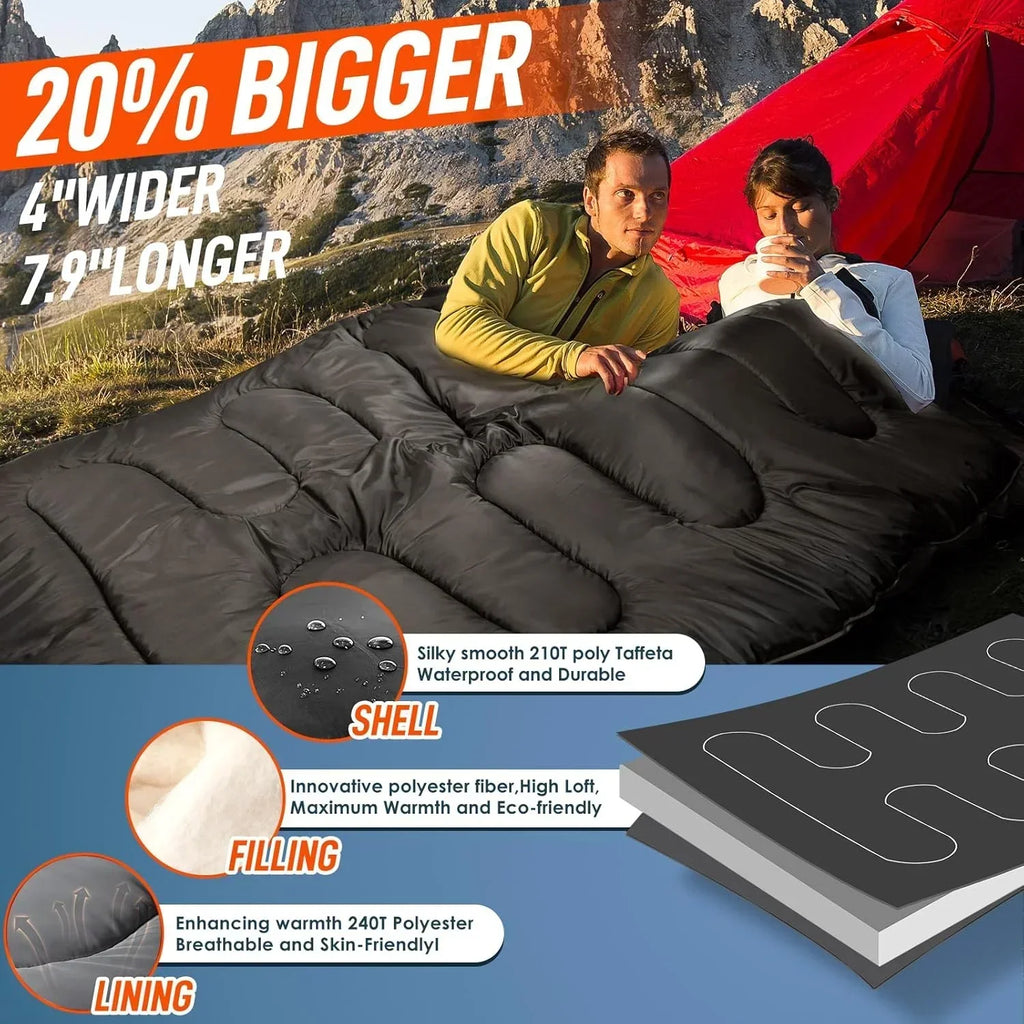 2026 NewDouble Sleeping Bag for Adults Mens with Pillow, XL Queen Size Two Person Sleeping Bag for All Season Camping Hiking Backpacking 2 Person Sleeping Bags for Cold Weather & Warm