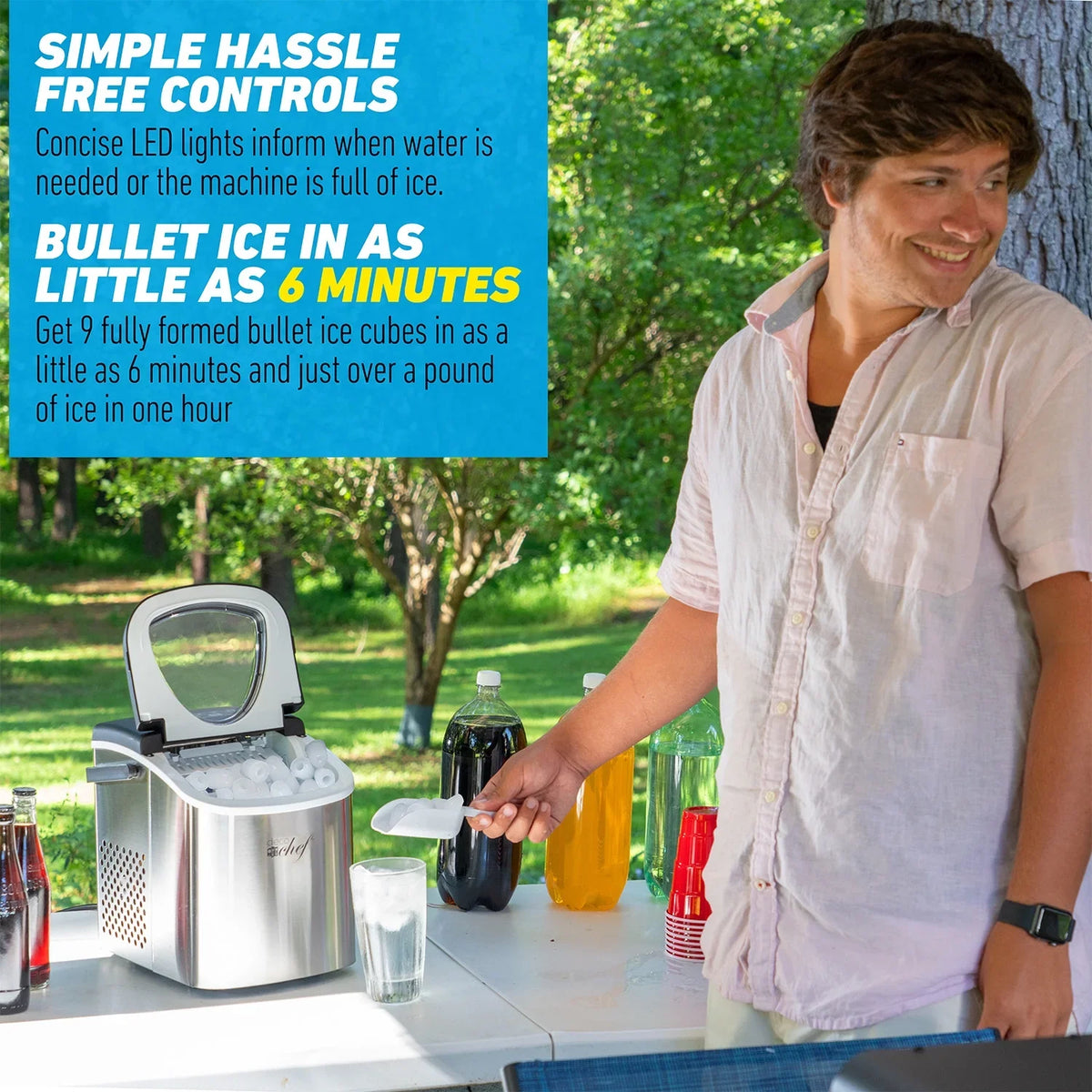 2026 NewDeco Compact Countertop Ice Maker, 26LBs in 24HRs, 9 Bullet Ice Cubes Ready in 6 Minutes, Stainless Steel