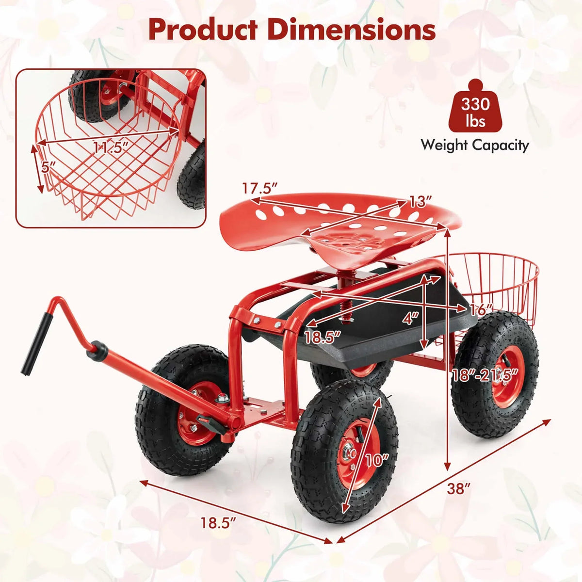 2026 NewCostway Garden Cart Rolling Work Seat for Planting with Extendable Handle Green