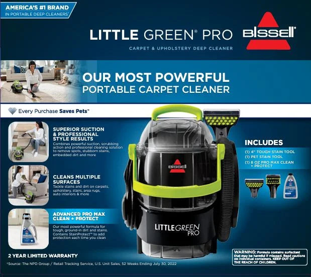 2026 NewBISSELL Little Green Pro Portable Deep Cleaner, for Carpet, Upholstery, and Auto, Compact, Superior Suction, Professional Cleaning, StainProtect Technology, 2505