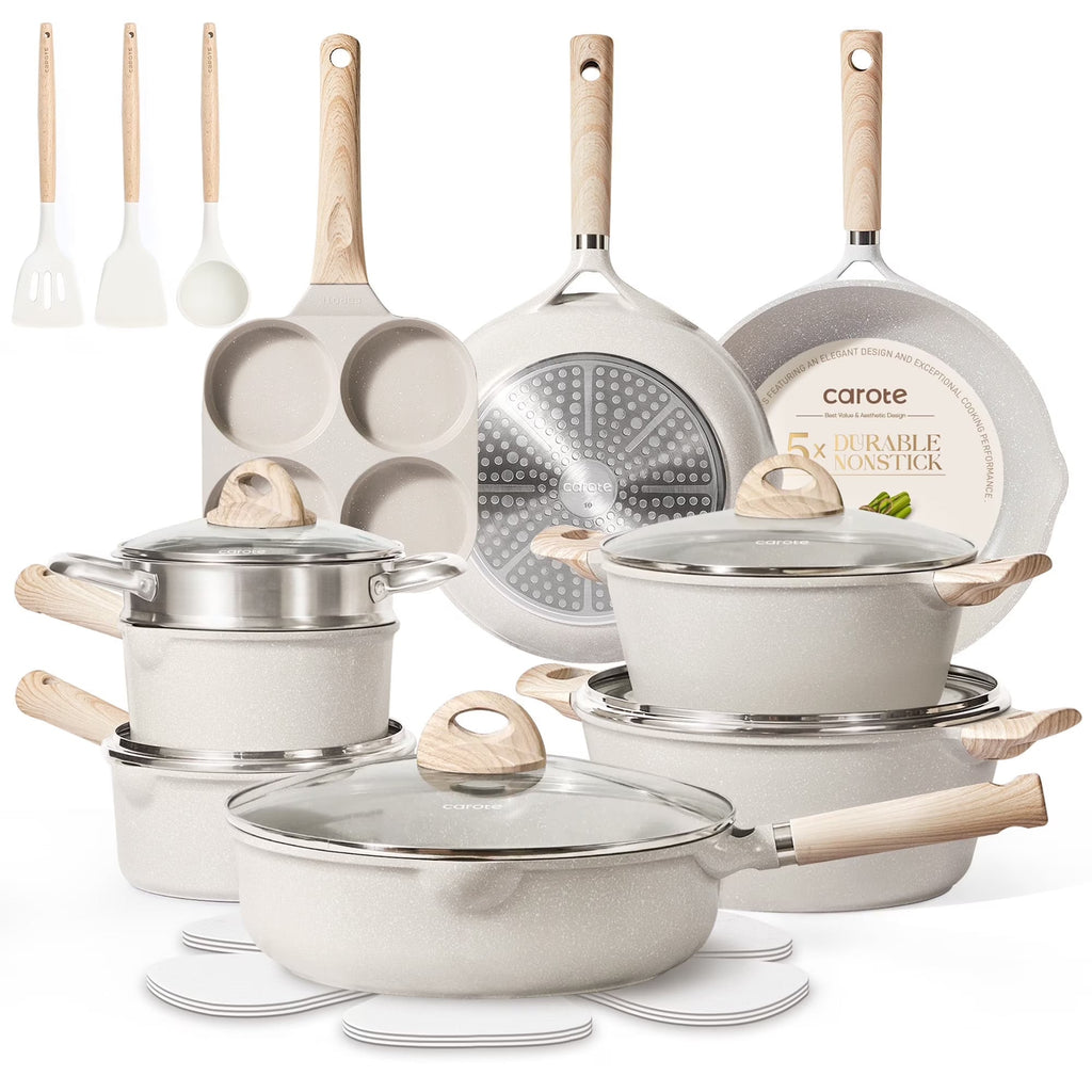 2026 NewCarote Nonstick Cookware Set 21-Piece,Kitchen Pots and Pans Set,Stay-Cool Handles, Induction Compatible,Cookware Set for RV and Camping,Beige