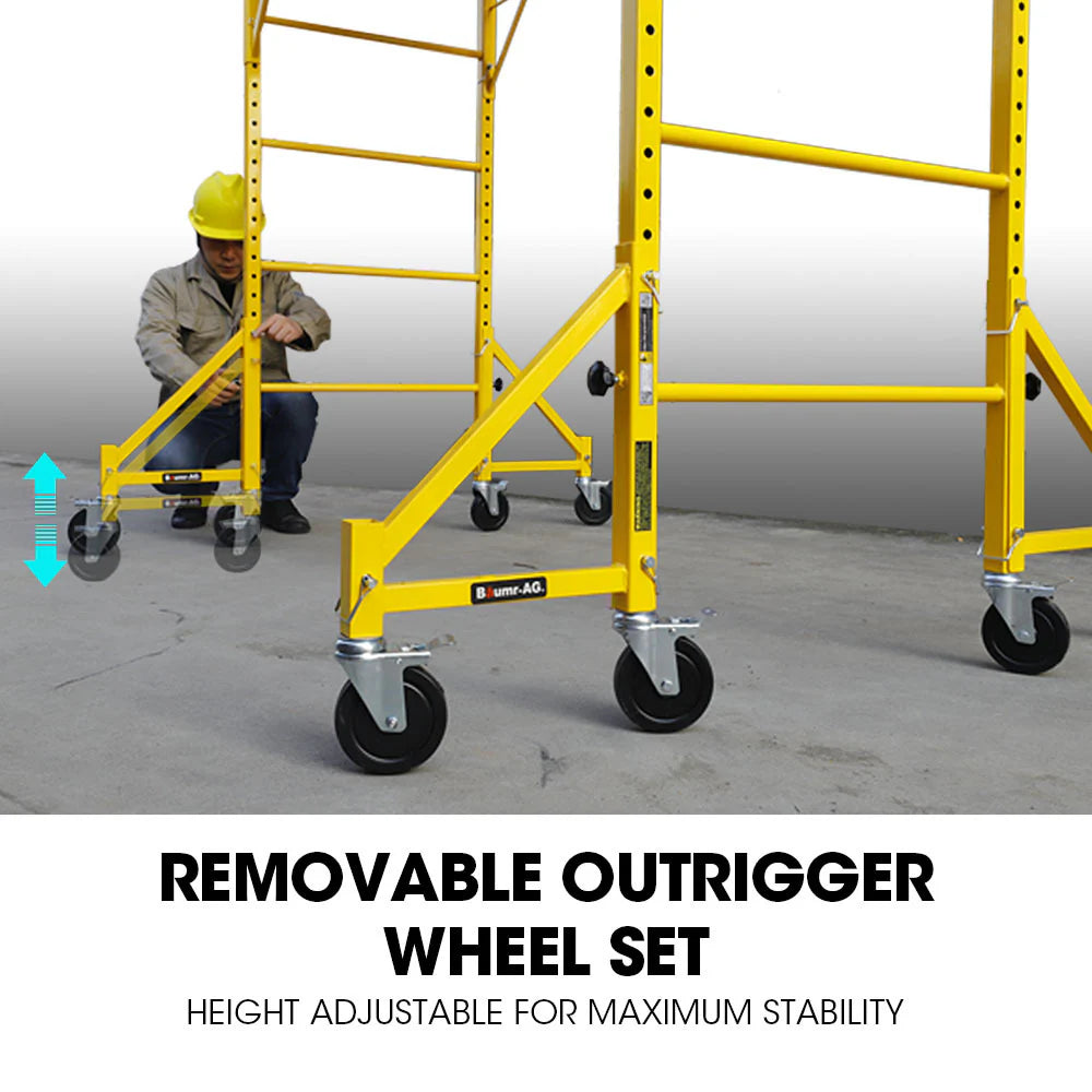 Baumr-AG 1.9 x 0.8 x 1.8m Adjustable Mobile Scaffold Platform, Guard Rail, Outrigger Wheel Set, Trapdoor Hatch