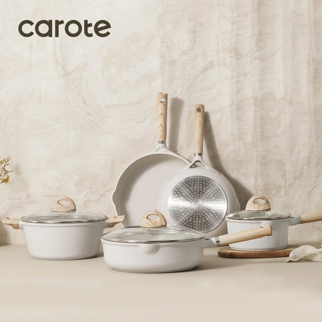 2026 NewCarote Nonstick Cookware Set 21-Piece,Kitchen Pots and Pans Set,Stay-Cool Handles, Induction Compatible,Cookware Set for RV and Camping,Beige
