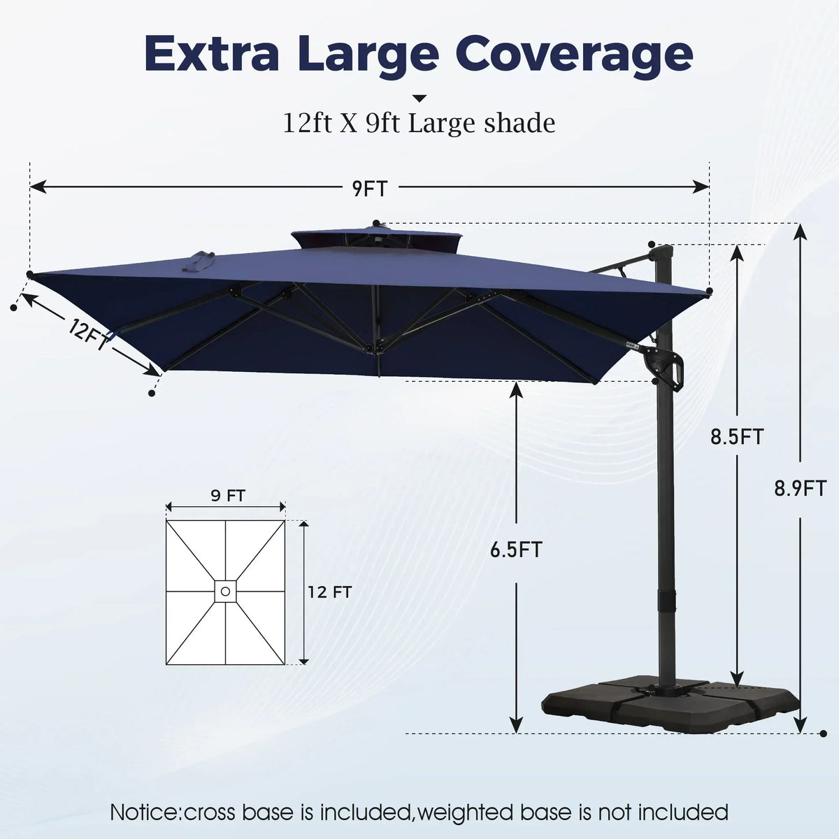 2026 NewAlpha Joy 12x9ft Outdoor Patio Umbrella Large Rectangle Offset Cantilever Double Umbrella with 360°Rotation, Beige