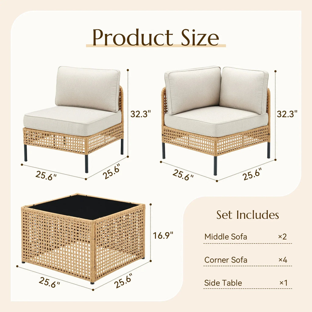 2026 NewPPorfamilia Outdoor Modular Sectional Furniture Set, 7 Piece Natural PE Rattan Sofa Set with 2 Corner Chairs, 4 Middle Chairs, Side Table