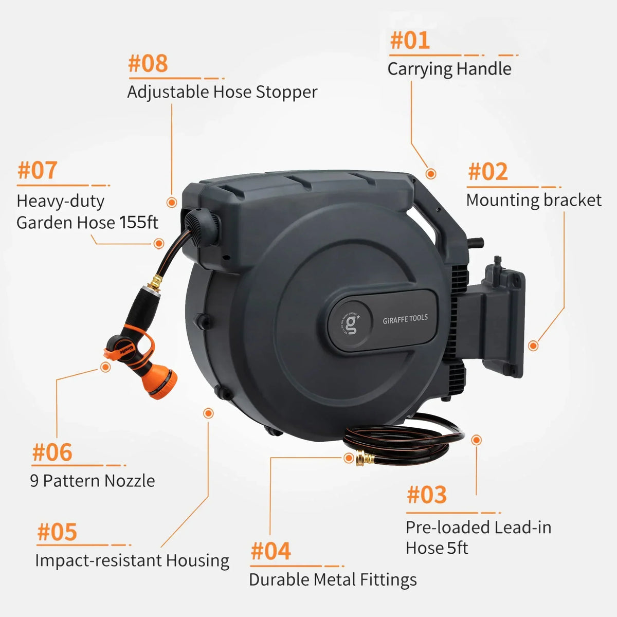 2026 NewGiraffe Tools Retractable Garden Hose Reel with 1/2in-100ft Water Hose, Plastic Bracket, Wall Mounted, Dark Grey
