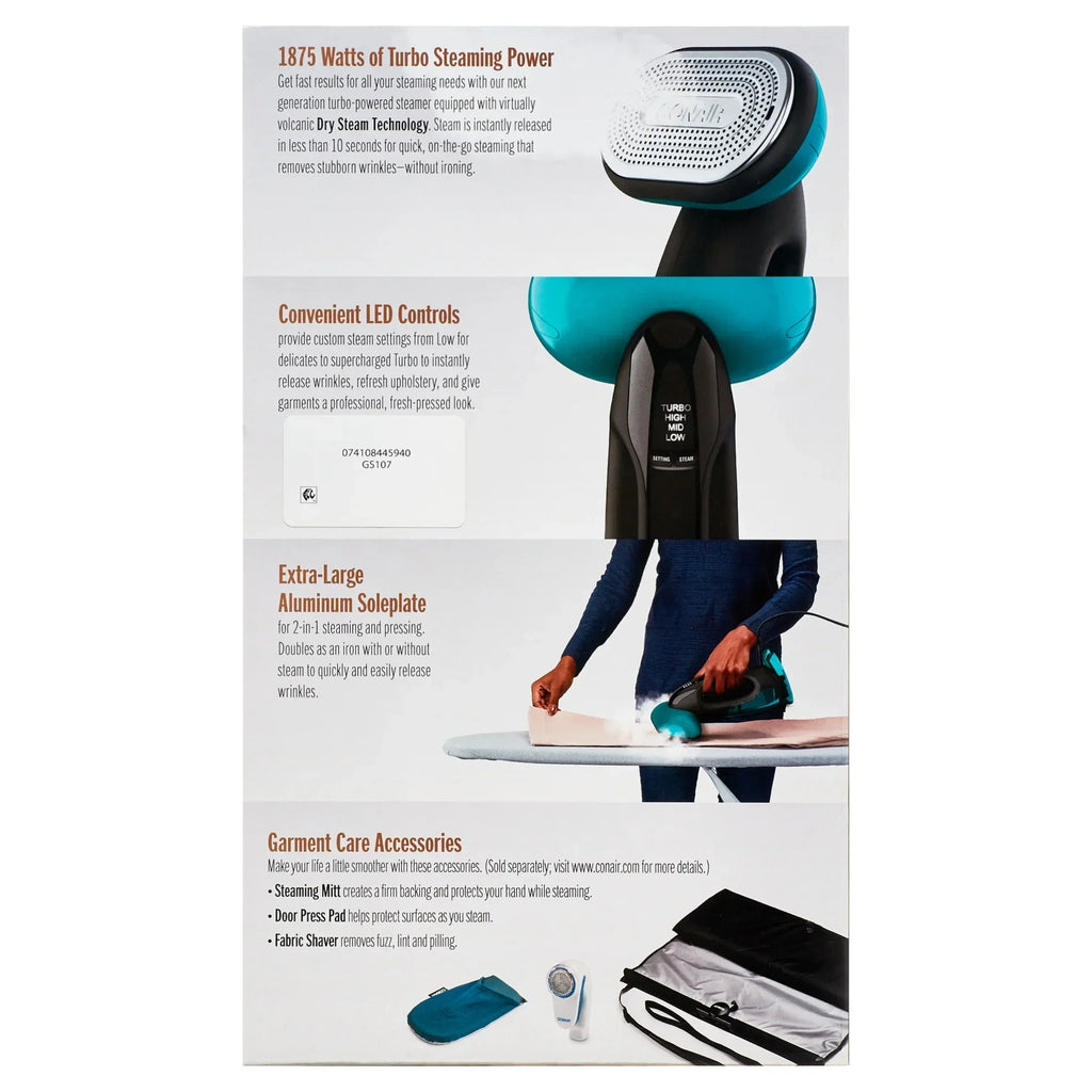 2026 NewConair Turbo ExtremeSteam 1875 Watt Handheld Fabric, 2-in-1 Steam and Iron Garment Steamer, One Size, Black/Green GS107