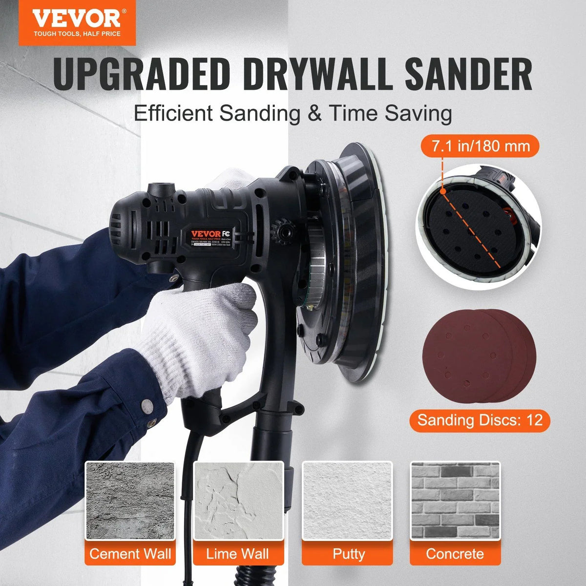 2026 New 800W Electric Drywall Sander with Dust Extraction, Adjustable RPM 1200-2300, Brush Motor for Efficient Wall Sanding & Polishing