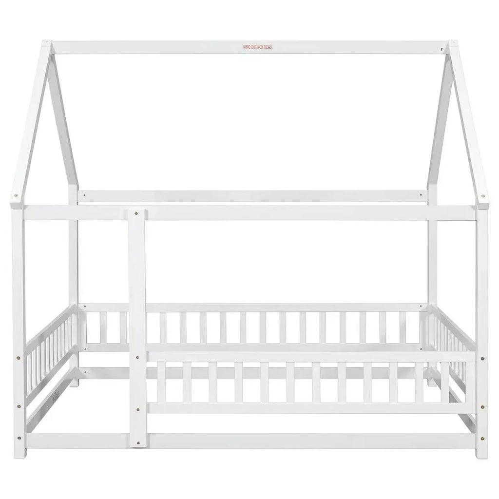 2026 New Full Size House Floor Bed, Wood Montessori Bed Frame with Fence Guardrails, House Beds Frame No Box Spring Needed-Full, Gray)
