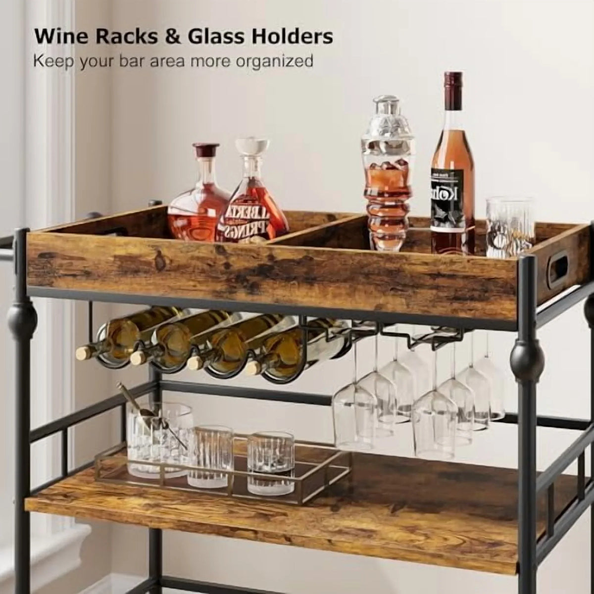 2026 New IDEALHOUSE Bar Cart, Bar Carts for The Home, 3 Tier Bar Cart with Wheels, Portable Home Bar & Serving Carts