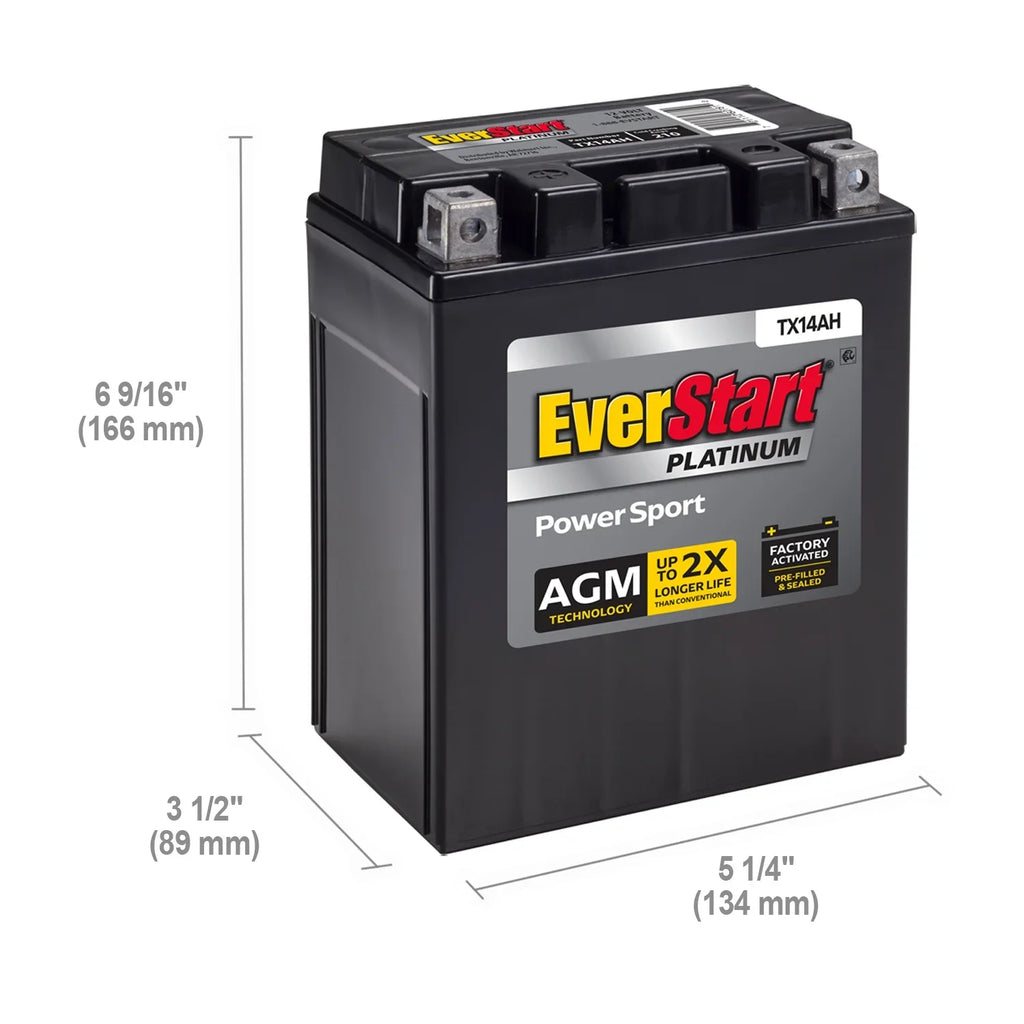 2026 NewEverStart Platinum BOXED AGM PowerSport Battery, Group Size TX14AH 12 Volt, 210 CCA