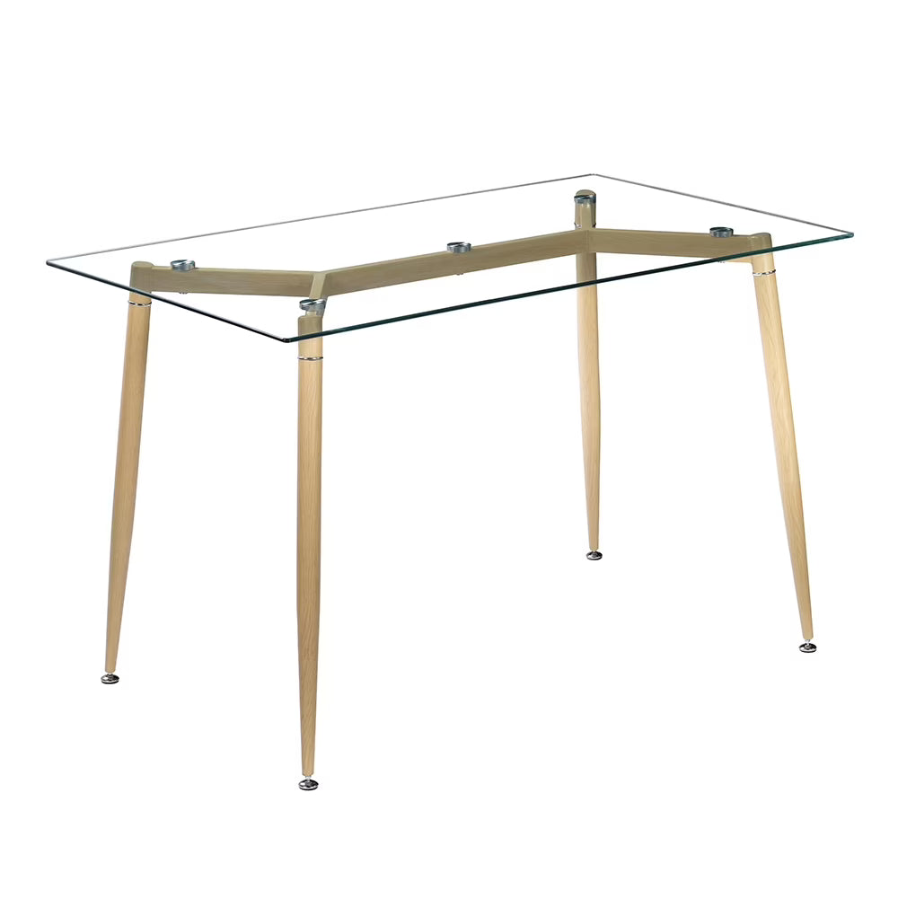 2026 New  Modern Glass Dinner Table, 8MM Black Tempered Glass Sturdy Table Top, Dining Table Iron Tube Legs w/ Wood Pattern, for Home, Kitchens, Dining Rooms