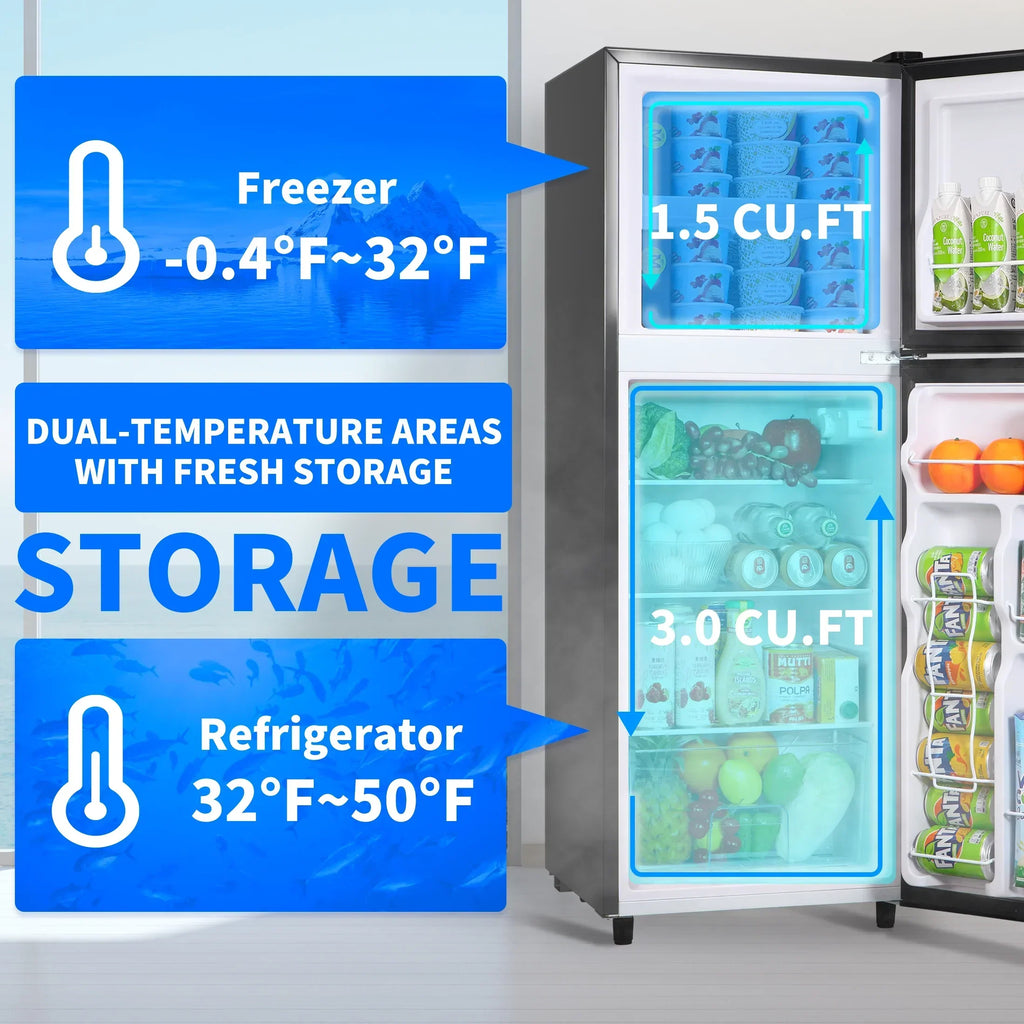 2026 New4.5 Cu.ft Compact Refrigerator 2 Door with Freezer,7 Adjustable Thermostat & 4 Removable Glass Shelves,Large Size Refrigerator for Garage/Bedroom/Kitchen/Apartment and Office,Grey