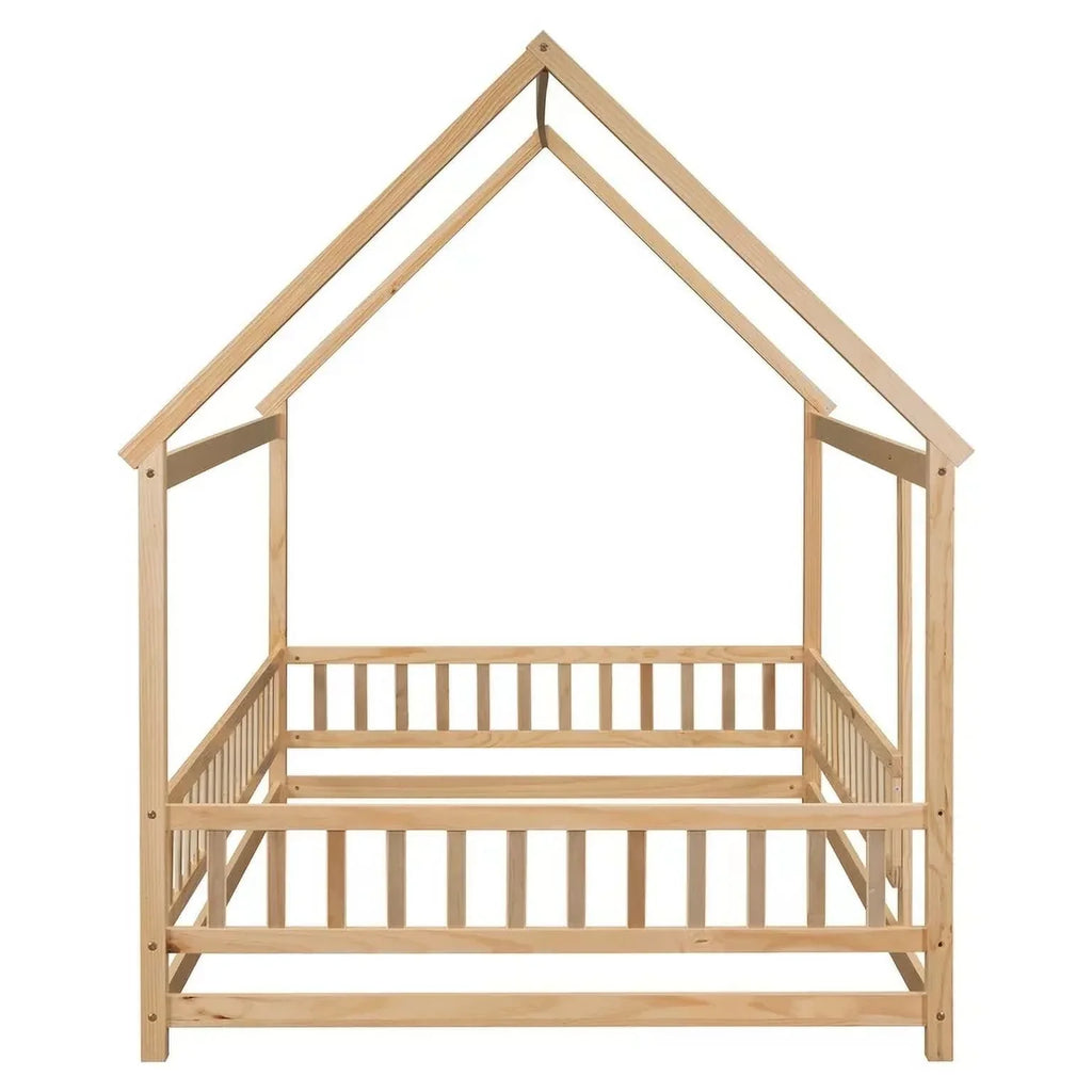2026 New Full Size House Floor Bed, Wood Montessori Bed Frame with Fence Guardrails, House Beds Frame No Box Spring Needed-Full, Gray)