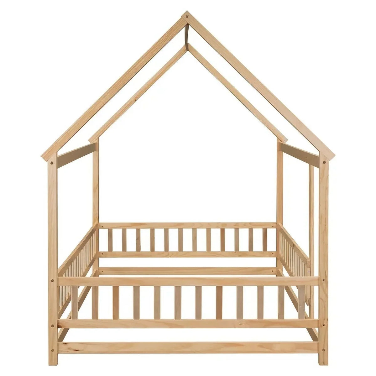 2026 New Full Size House Floor Bed, Wood Montessori Bed Frame with Fence Guardrails, House Beds Frame No Box Spring Needed-Full, Gray)