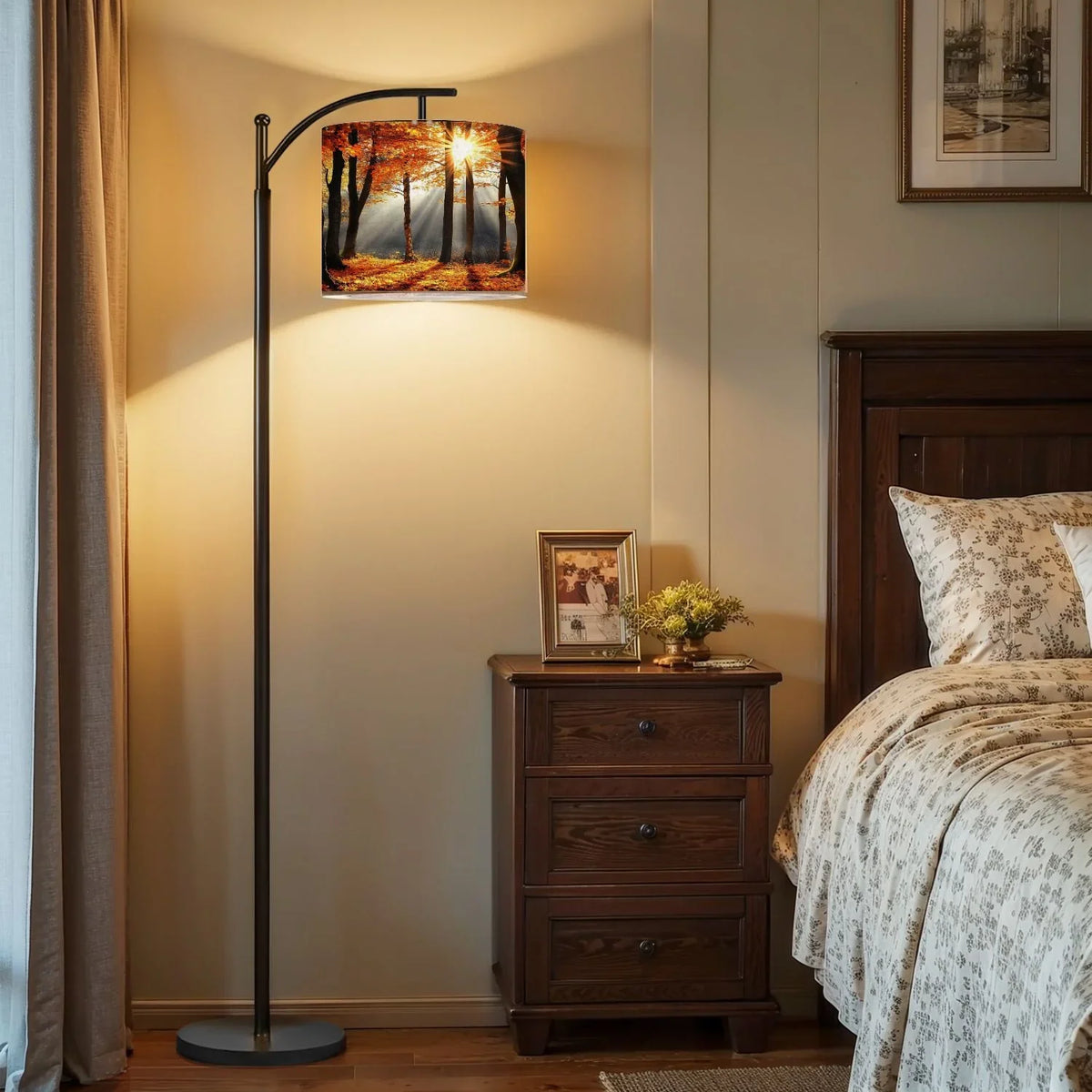 2026 New Arc Floor Lamp, 3 Color Temperatures Modern Floor Lamps Fall Autumn Maple Tree Forest Adjustable Tall Standing Reading Lamp with Linen Texture Shade