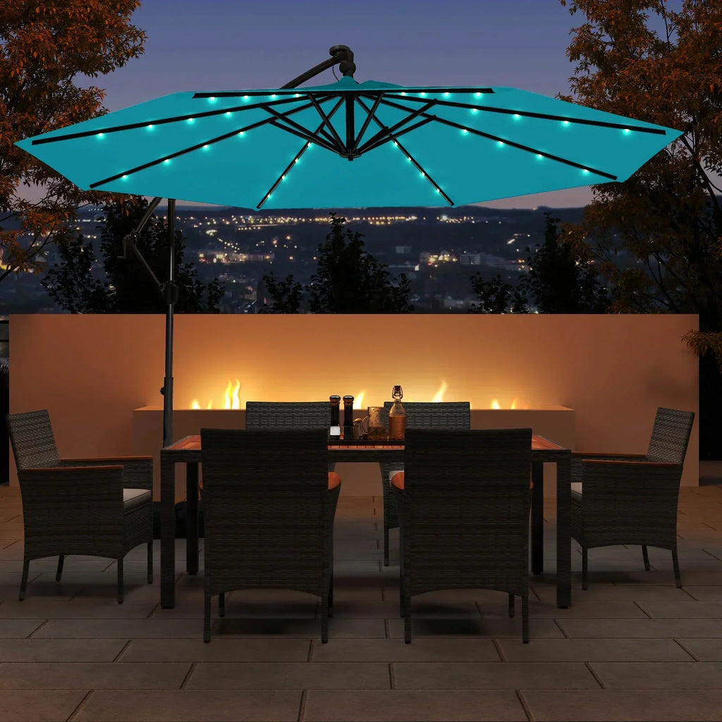 2026 NewCostway 10 FT Solar Offset Hanging Umbrella Patio Cantilever Umbrella with 32 LED Lights Brown