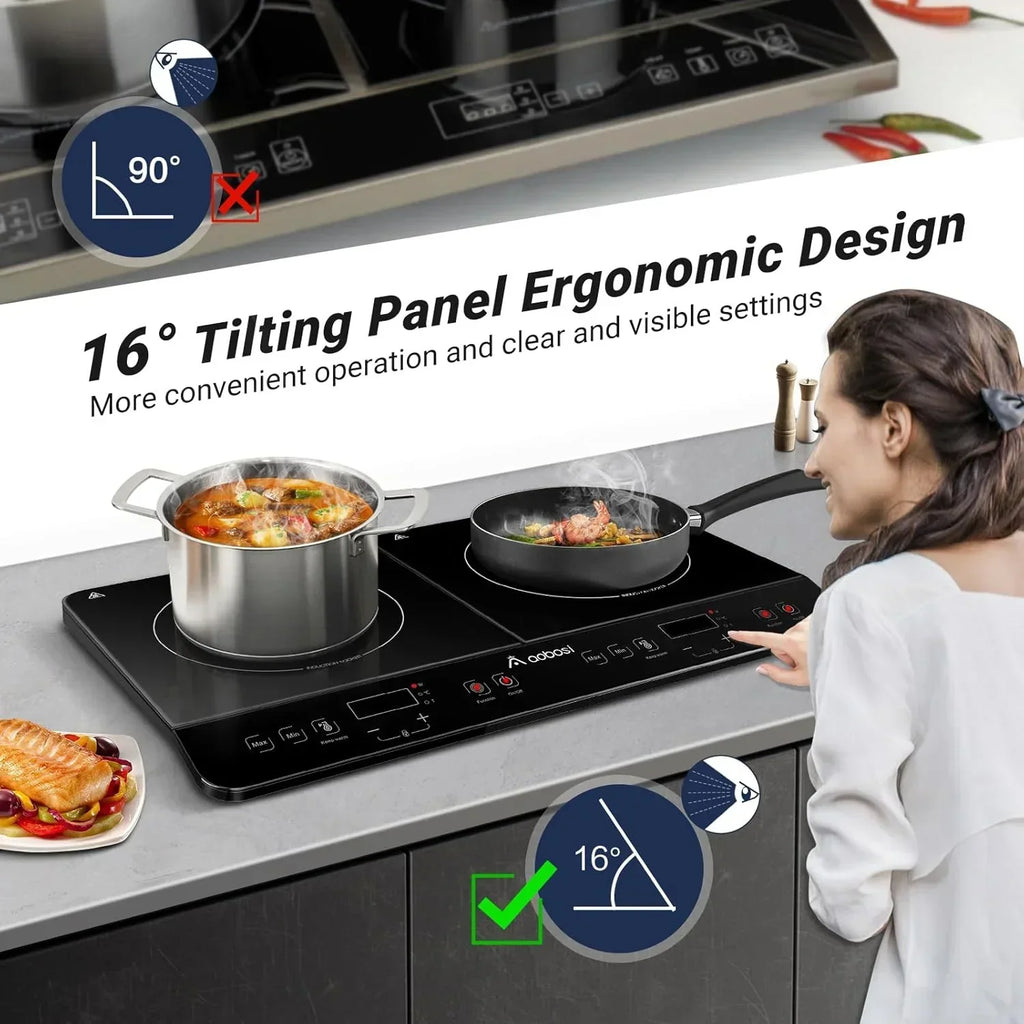 2026 NewAobosi Double Induction Cooktop with 2 Burners, 1800W Electric Stove Cooktop with Sensor Touch, 10 Temperature 9 Power Settings