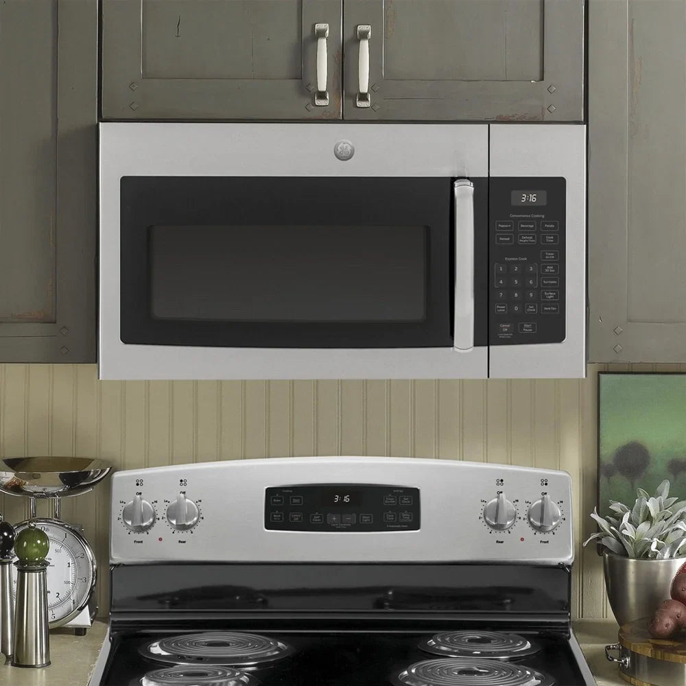 2026 NewGE JVM3160RFSS 1.6 Cu. Ft. Over-the-Range Microwave Oven Stainless Steel Bundle with Deco Chef Pair of Red Heat Resistant Oven Mitt and 3 YR CPS Enhanced Protection Pack