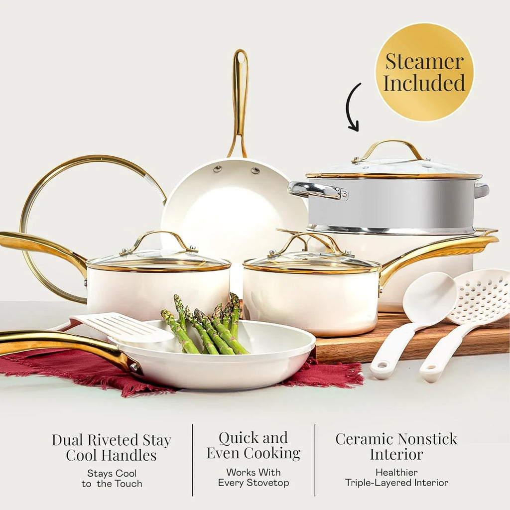 2026 NewGotham Steel 15 Pc Ceramic Cookware Set, Ceramic Pots and Pans Set Non Stick with Cooking Utensils and Steamer, Non Toxic, Premium Gold Stay Cool Handles, Oven & Dishwasher Safe