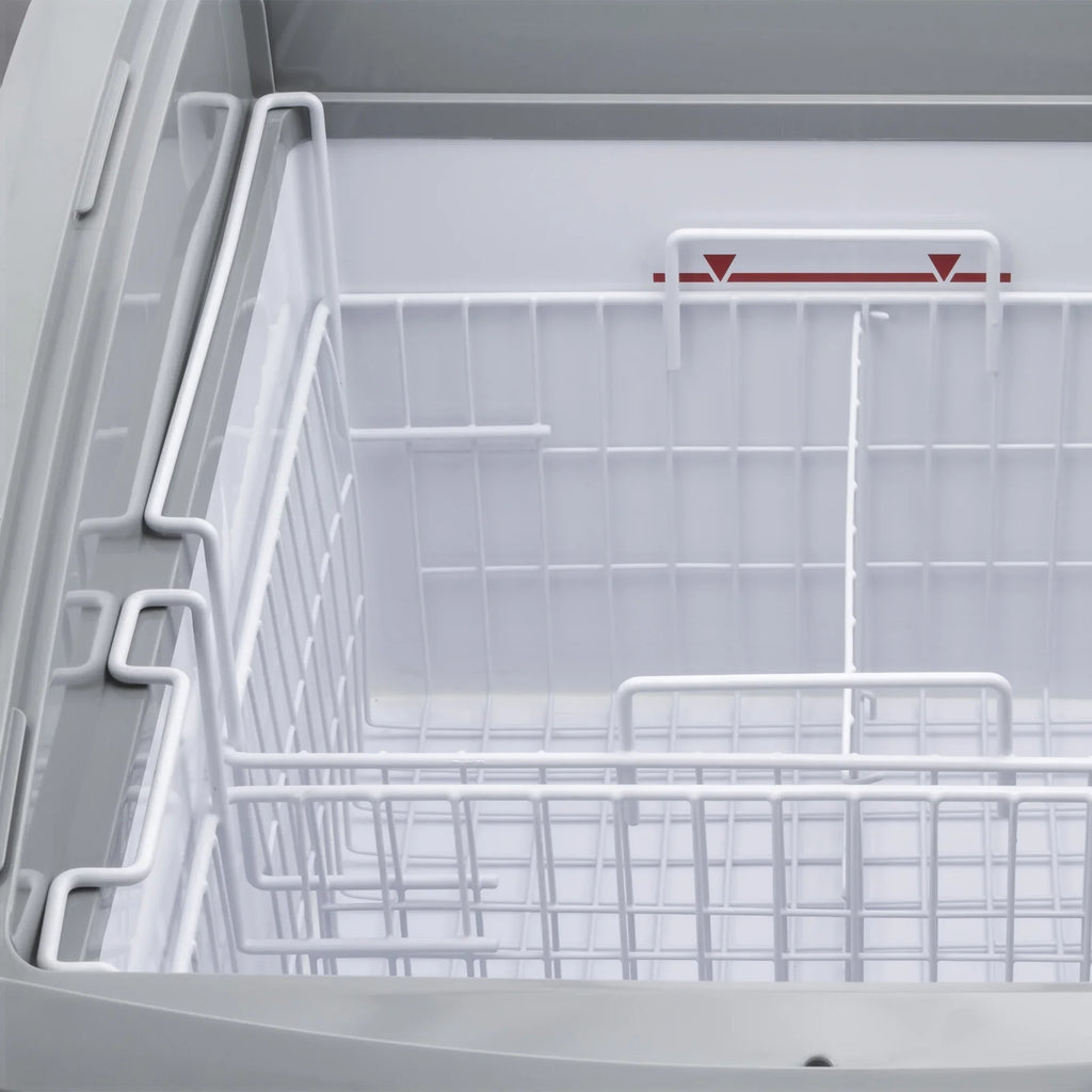 2026 NewMaxx Cold Curved Glass Top Chest Freezer Display, 24.6"W, 3.81 cu. ft. Storage Capacity, Equipped with (2) Wire Baskets, in White (MXF25CHC-2)