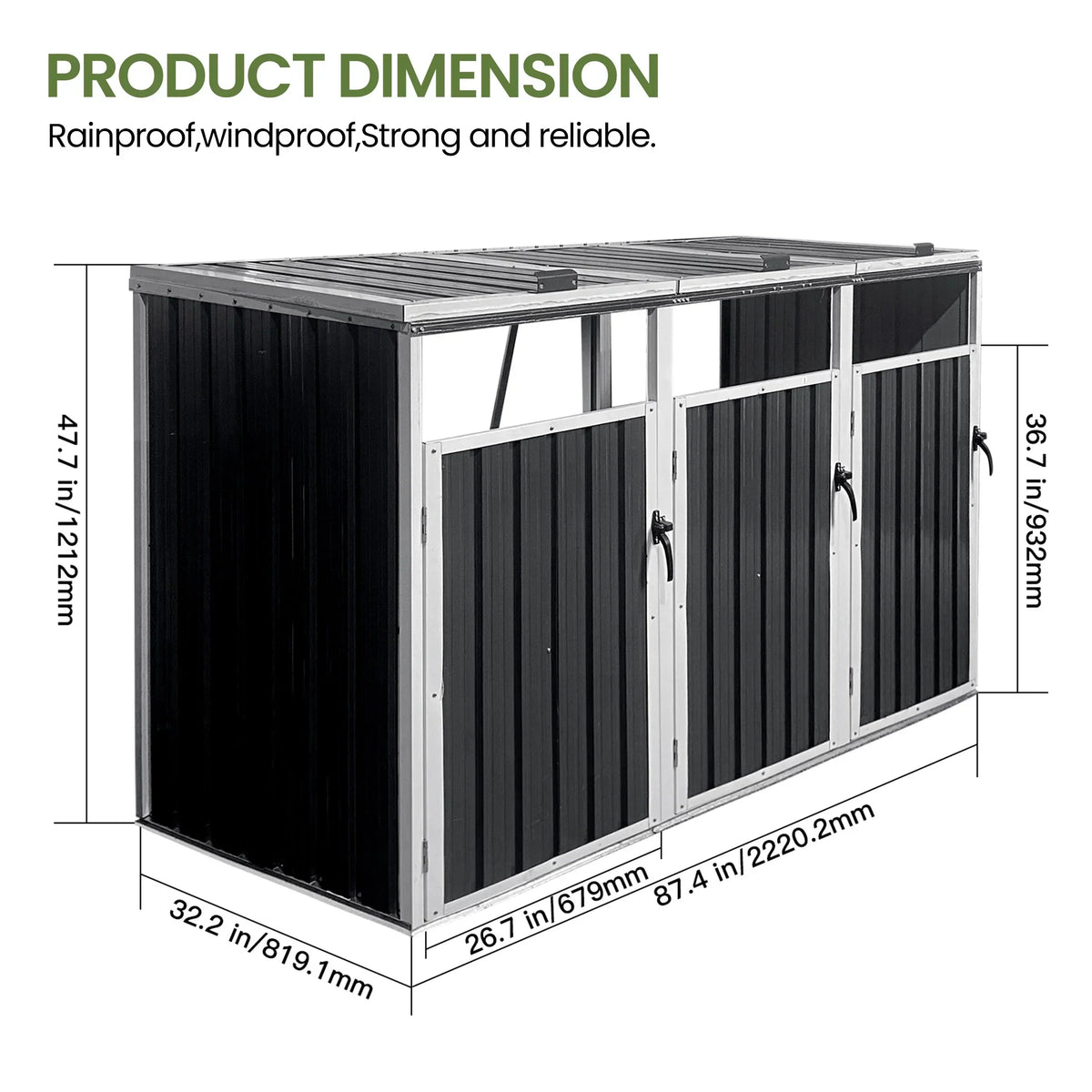 2026 NewAukfa 7.3' W Outdoor Garbage Bin Storage, Metal Storage Shed for 3 Trash Cans Tools, Waterproof Trash Can Storage