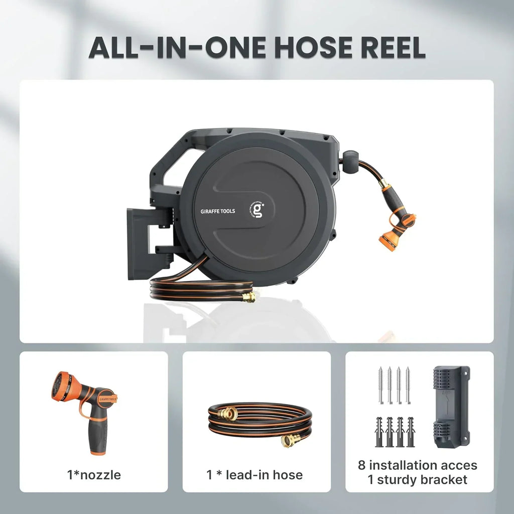 2026 NewGiraffe Tools Retractable Garden Hose Reel with 1/2in-100ft Water Hose, Plastic Bracket, Wall Mounted, Dark Grey