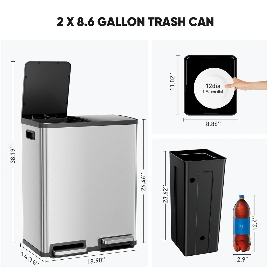 2026 NewEDX 2 x 8.3 Gallon Dual Garbage Recycle Trash Can with Lid, Inner Buckets for Kitchen, Stainless Steel, Sliver