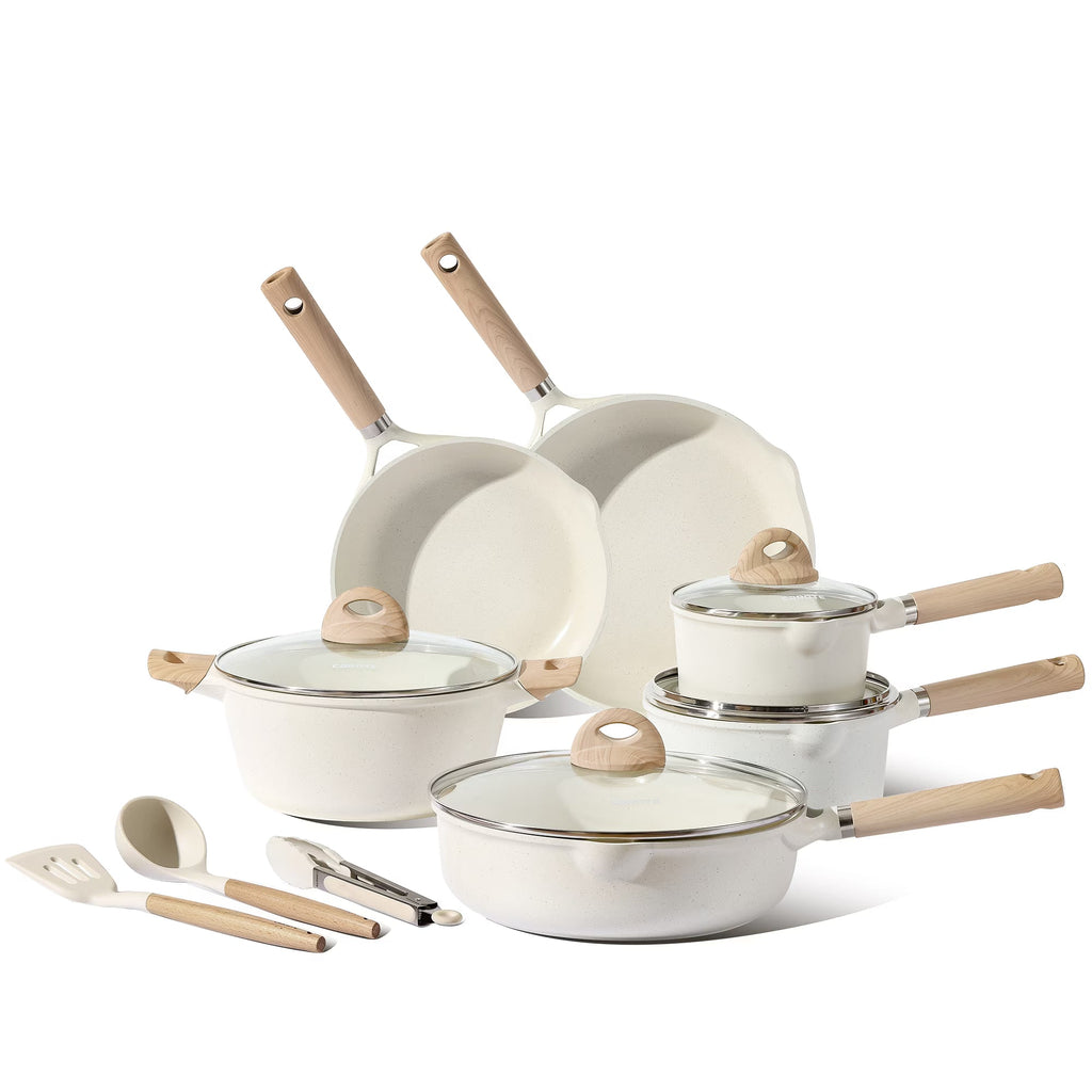 2026 NewCarote Nonstick Pots and Pans Set, 13 Pieces Kitchen Cookware Sets Compatible for All Stoves, White Granite