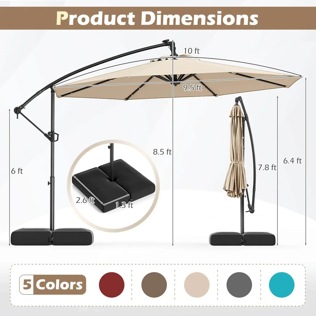 2026 NewCostway 10 FT Solar Offset Hanging Umbrella Patio Cantilever Umbrella with 32 LED Lights Brown