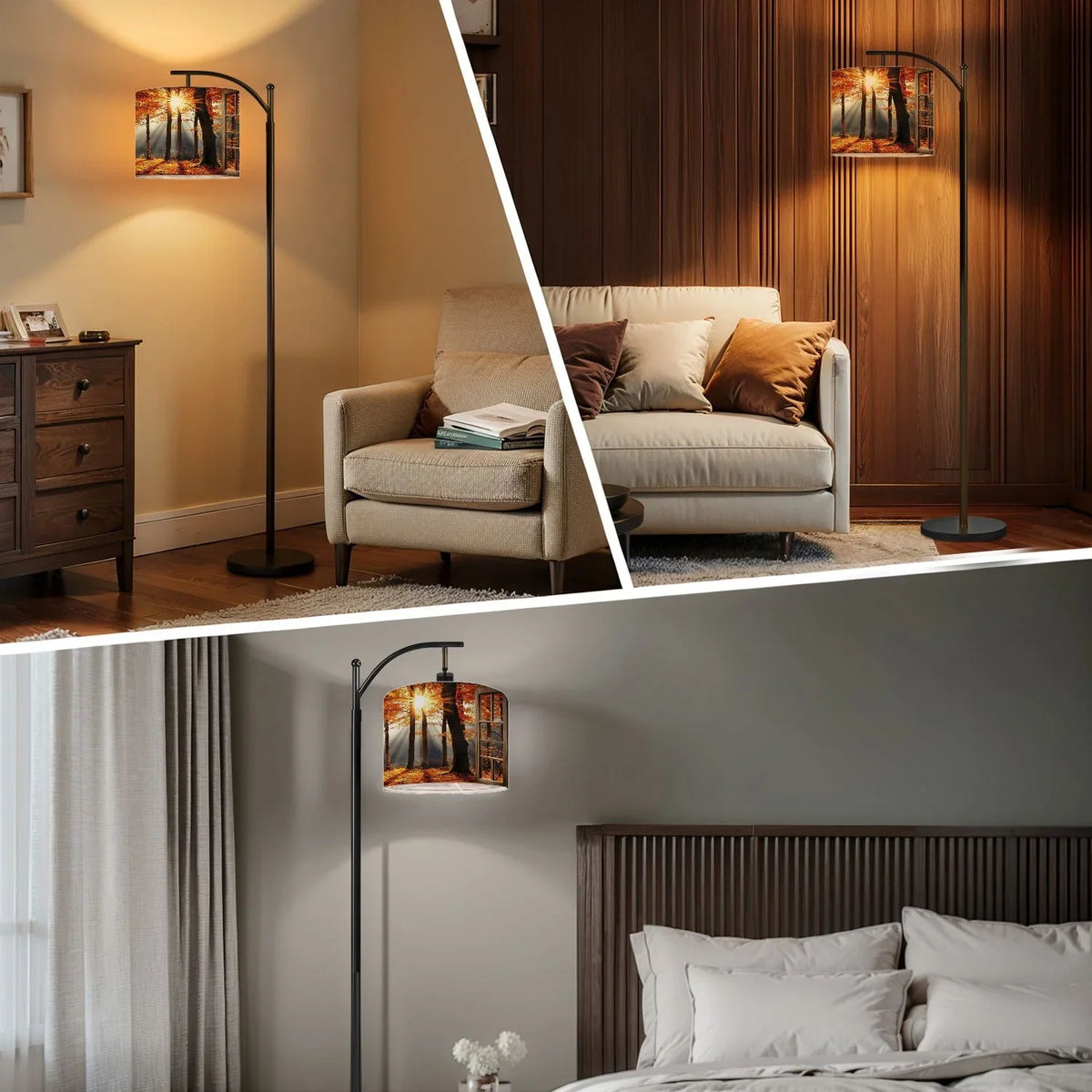 2026 New Arc Floor Lamp, 3 Color Temperatures Modern Floor Lamps Fall Autumn Maple Tree Forest Adjustable Tall Standing Reading Lamp with Linen Texture Shade