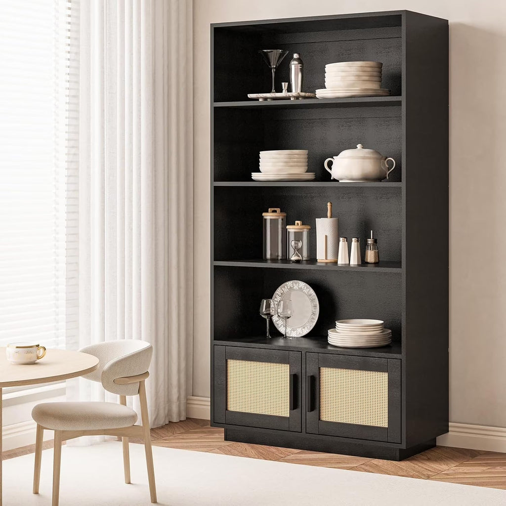2026 New Huisuilinss 5 Tier Bookcase, Rattan Bookcase with Doors Cabinet, Wooden Bookshelf, Large Wooden Book Case, Tall Book Stand