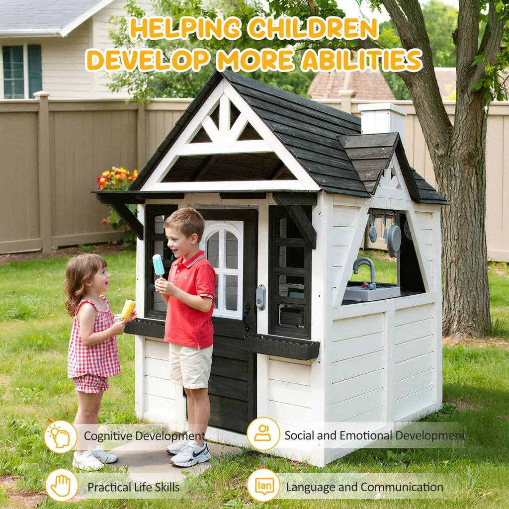 2026 NewCOCLUB Outdoor Playhouse for Kids Ages 4-8, Wooden Play House with Doorbell, Phone, Kitchen Toys, Outdoor Kids Play Equipment, Casa Para Niñas (45”L x 65”H), White & Black