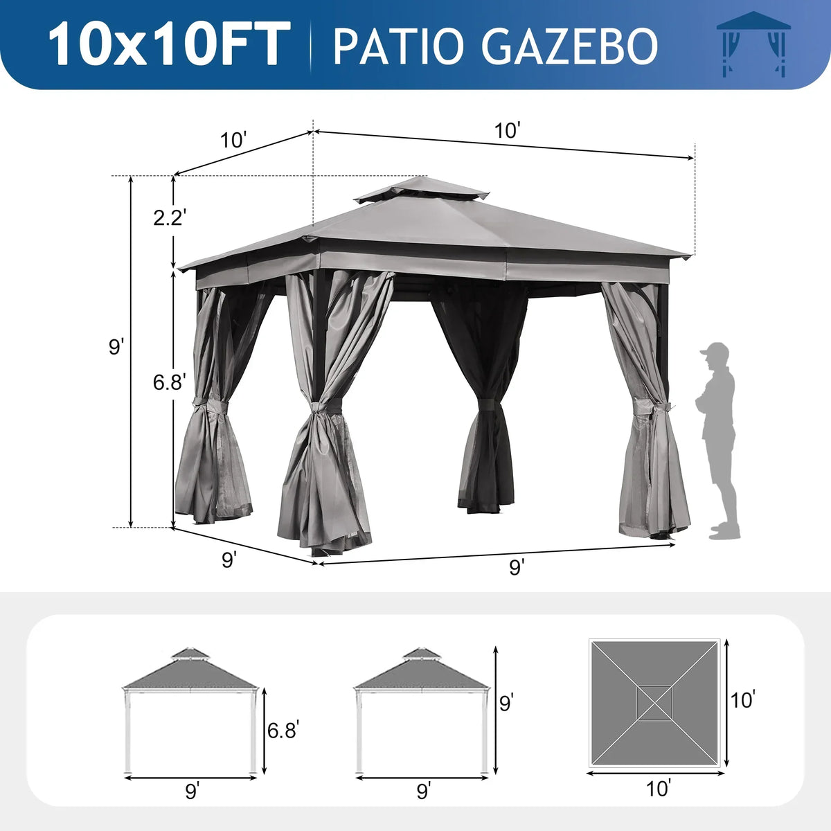 2026 New10'x10' Outdoor Gazebo,Patio Gazebo with Mosquito Netting and Privacy Screens for Backyard, Garden, Lawn and Deck,Grey