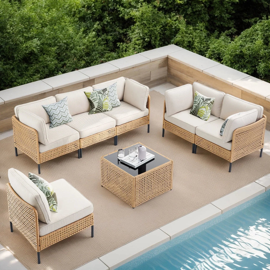 2026 NewPPorfamilia Outdoor Modular Sectional Furniture Set, 7 Piece Natural PE Rattan Sofa Set with 2 Corner Chairs, 4 Middle Chairs, Side Table