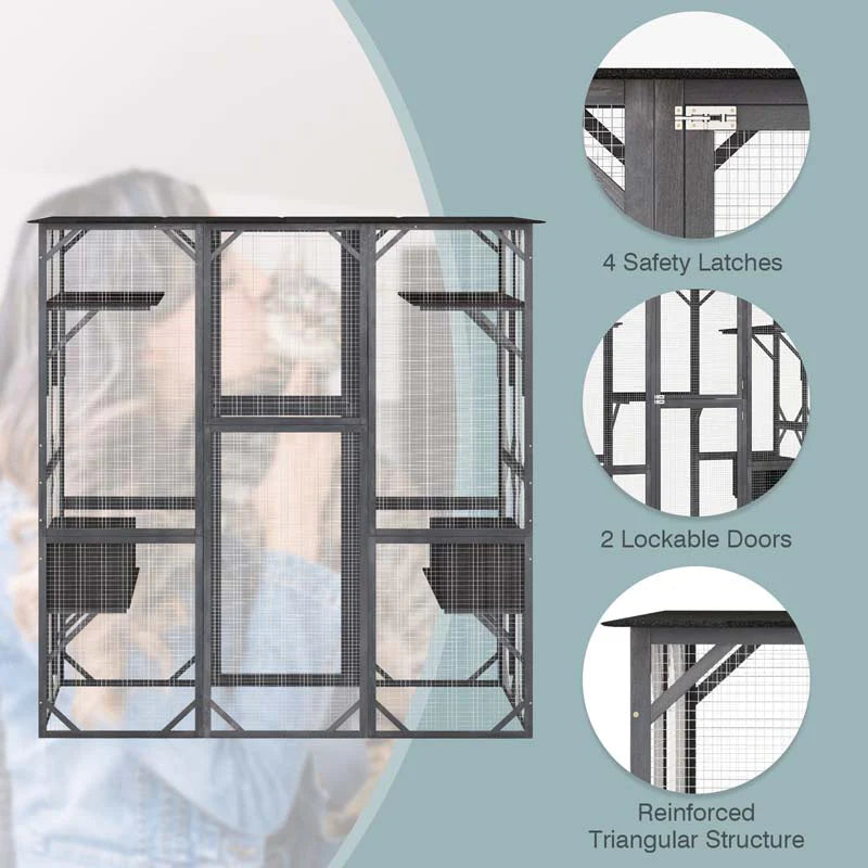 71" Tall Large Cat House Outdoor Catio Kitty Enclosure, Walk-in Cat Kennel Condo, Wooden Cat Cage Playpen with 7 Platforms