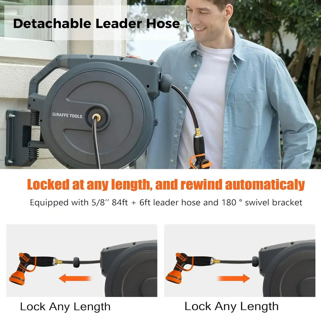 2026 NewGiraffe Tools Retractable Garden Hose Reel with 1/2in-100ft Water Hose, Plastic Bracket, Wall Mounted, Dark Grey