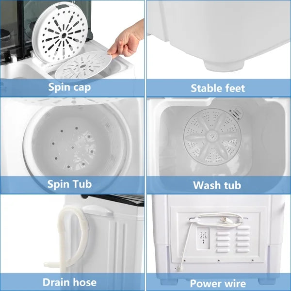 2026 New20Lb Twin Tub Washing Machine w/ Built-In Pump - Semi-Automatic 1300RPM Compact Washer for Apartment, Dorm, RV, Camping, White/Black