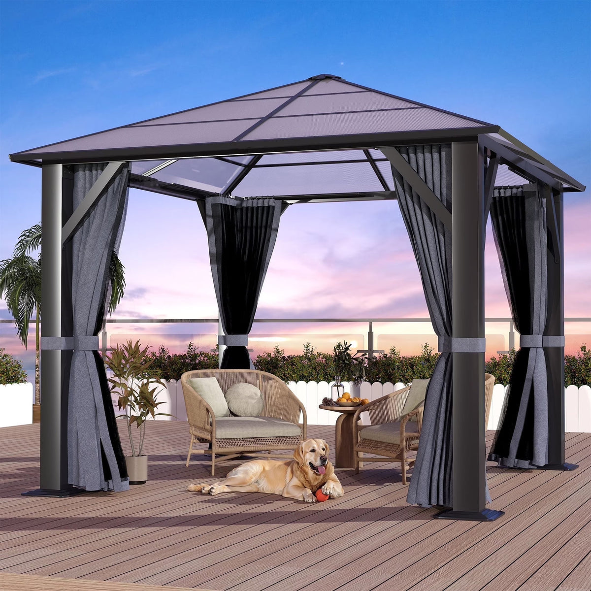 2026 NewGARTOO 10' x 10' Hardtop Gazebo, Outdoor Polycarbonate Roof Gazebo with Steel Frame, Permanent Pavilion with Netting& Curtains