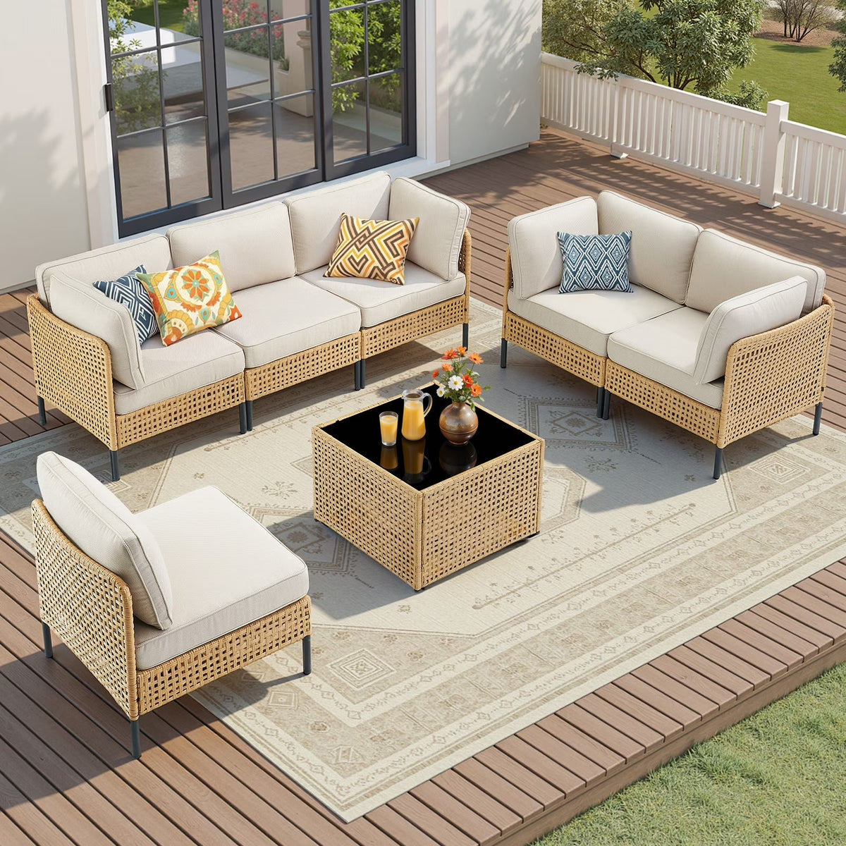 2026 NewPPorfamilia Outdoor Modular Sectional Furniture Set, 7 Piece Natural PE Rattan Sofa Set with 2 Corner Chairs, 4 Middle Chairs, Side Table