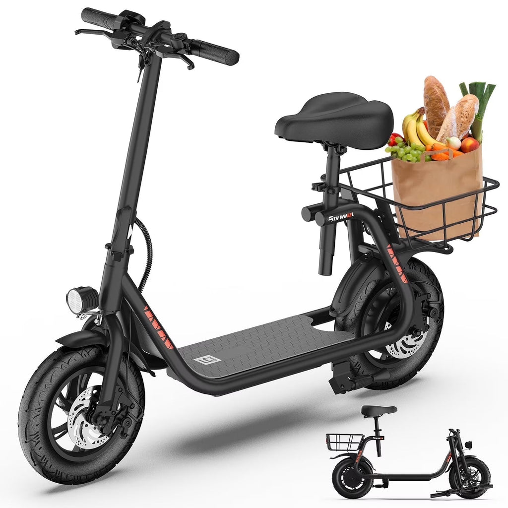 2026 New5TH WHEEL W18S 450W Motor Electric Scooter for Adults with Seat and Carry Basket, 36V 20Miles Range & 15.5Mph, 12" Foldable E Scooter for Commuting