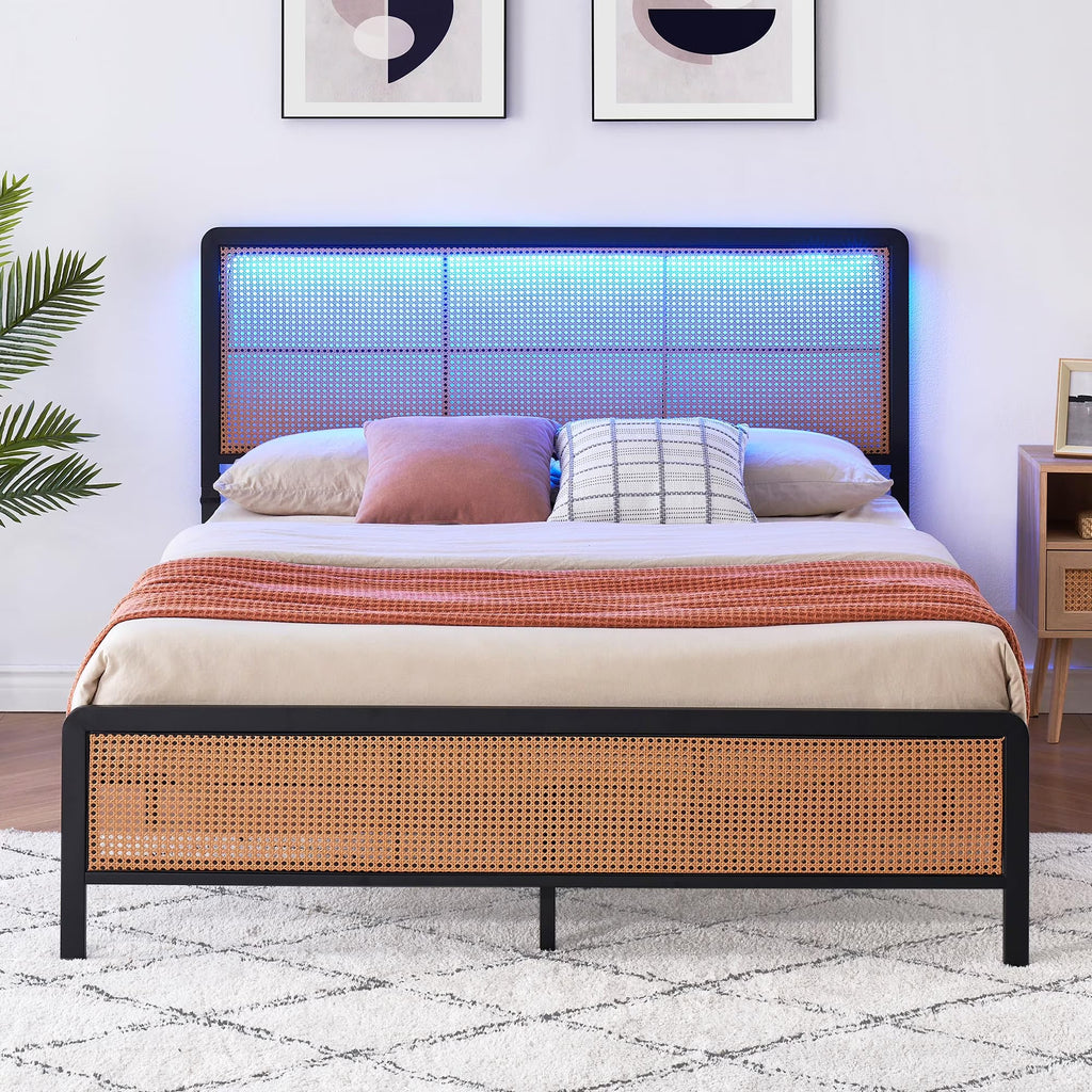 2026 New Platform Bed Frame with Natural Rattan Headboard Modern Cane Bed Frames with Heavy Duty Sturdy Steel Slat Support No Box Spring Needed Easy Assembly
