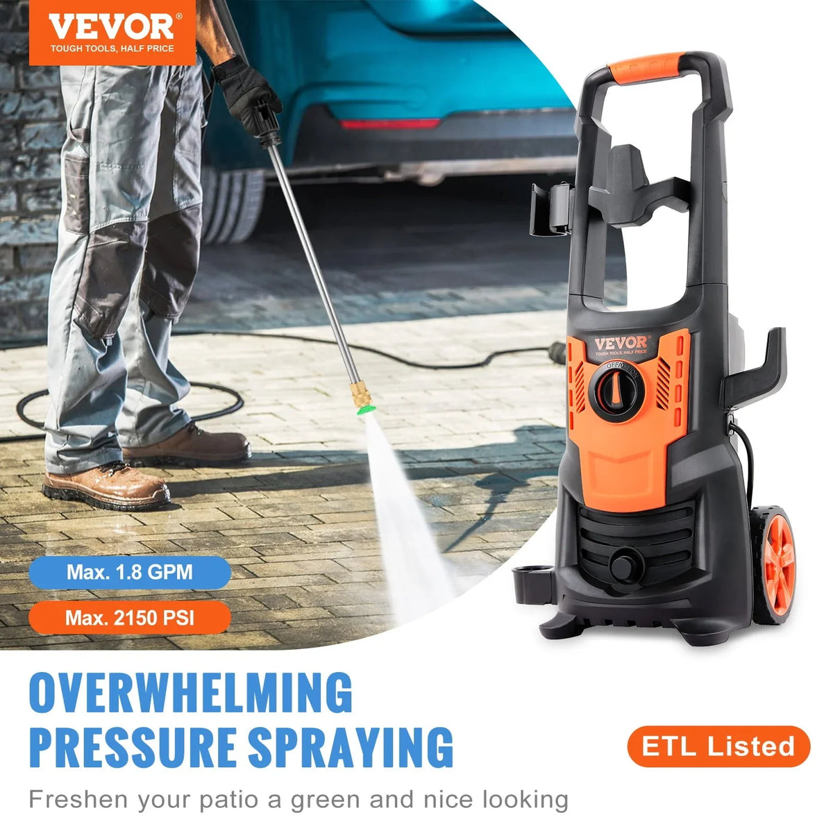 2026 NewBENTISM Electric Pressure Washer 2150 PSI 1.8 GPM 1800W Cold Water Wheeled