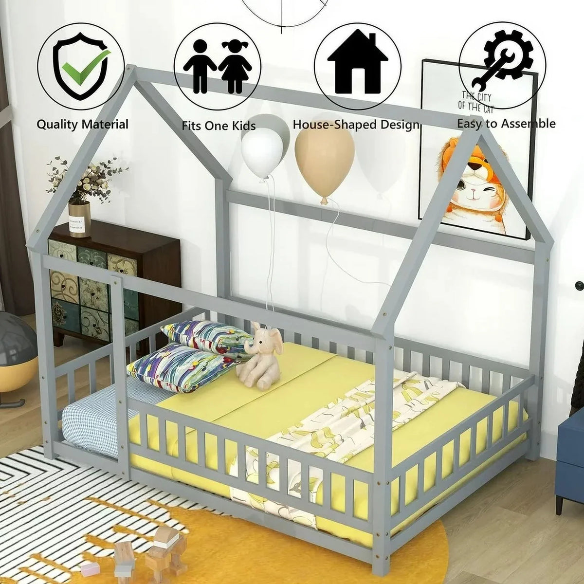 2026 New Full Size House Floor Bed, Wood Montessori Bed Frame with Fence Guardrails, House Beds Frame No Box Spring Needed-Full, Gray)