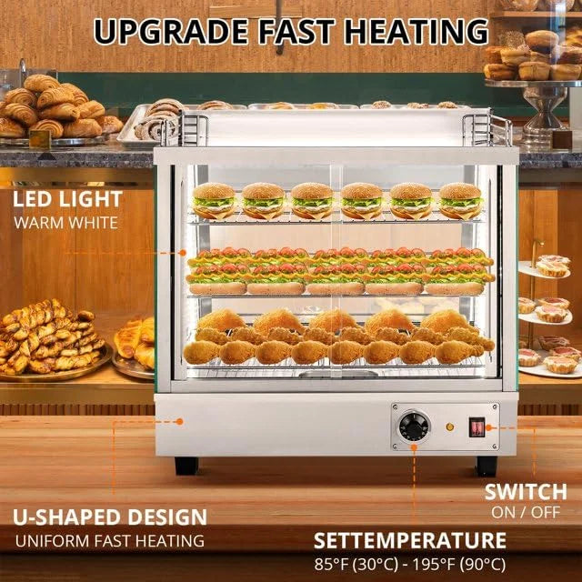 2026 New36" Commercial Food Warmer Display Case, Countertop Warmer Display Case, Commercial Food Warmer with Adjustable Shelves, Glass Sliding Doors, 3 Tier Electric Heated Display Cabinet