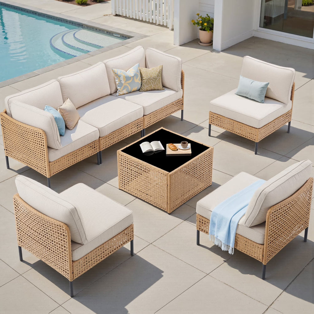 2026 NewPPorfamilia Outdoor Modular Sectional Furniture Set, 7 Piece Natural PE Rattan Sofa Set with 2 Corner Chairs, 4 Middle Chairs, Side Table